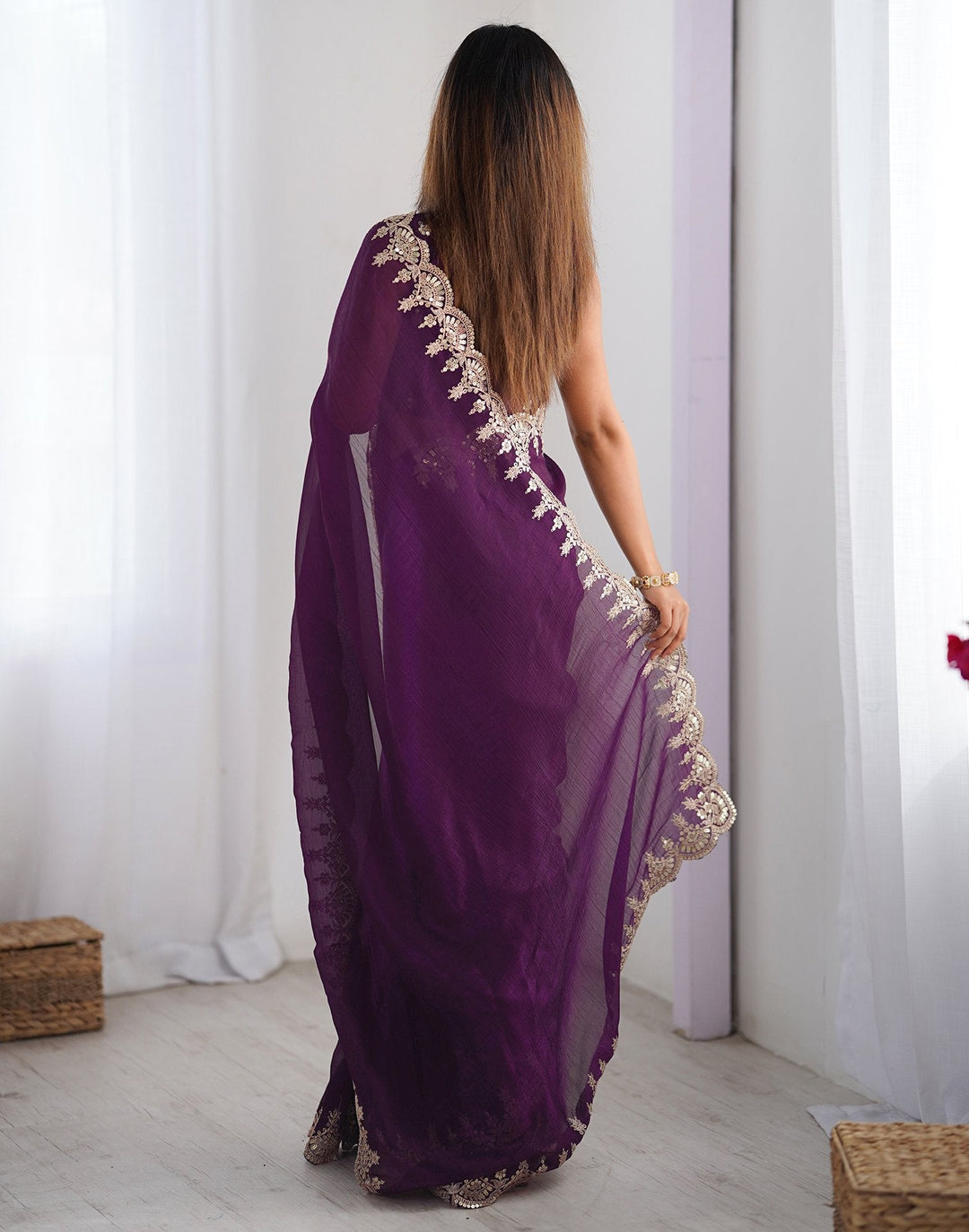 Office Wear Wine Color Soft Silk Embroidery Saree