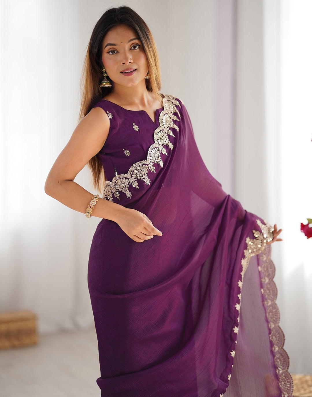 Office Wear Wine Color Soft Silk Embroidery Saree