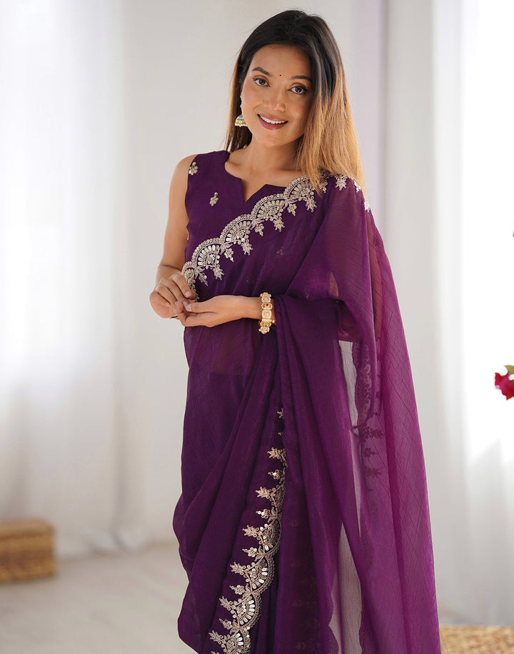 Office Wear Wine Color Soft Silk Embroidery Saree