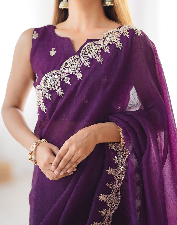 Office Wear Wine Color Soft Silk Embroidery Saree