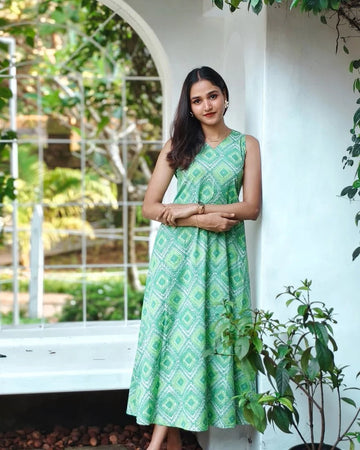 Green Printed Sleeveless Flared Dress