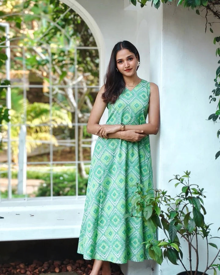 Designer Green Printed Maxi Dress Modern Fashion for Women