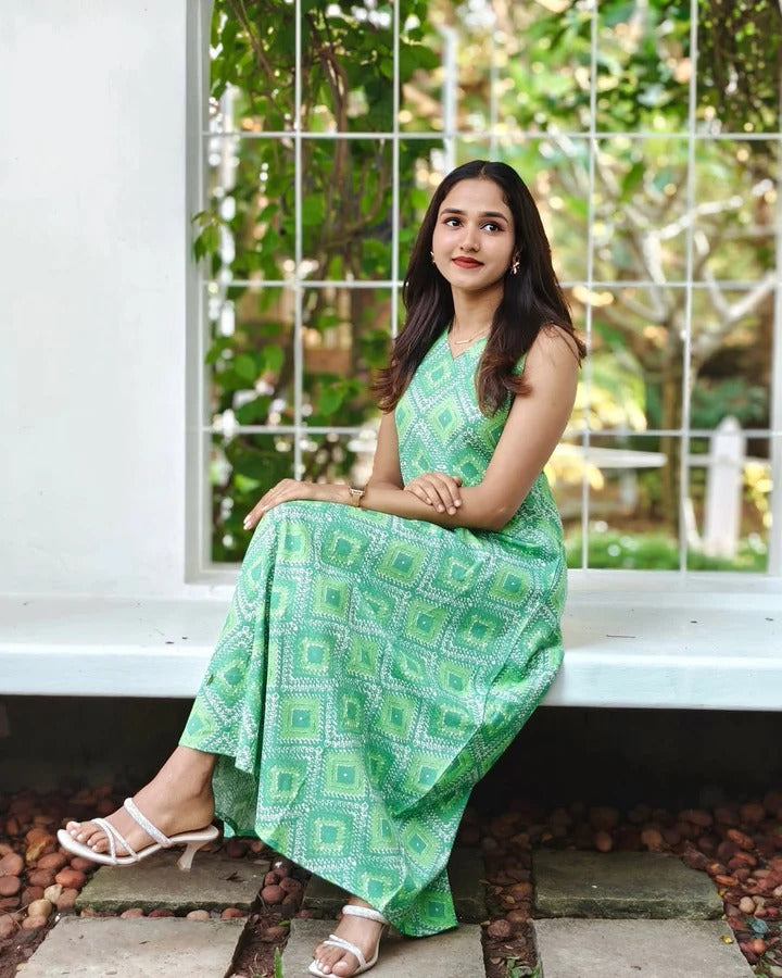 Designer Green Printed Maxi Dress Modern Fashion for Women