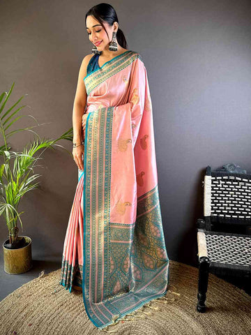Party Wear Baby Pink Color Soft Silk Kanjivaram Saree