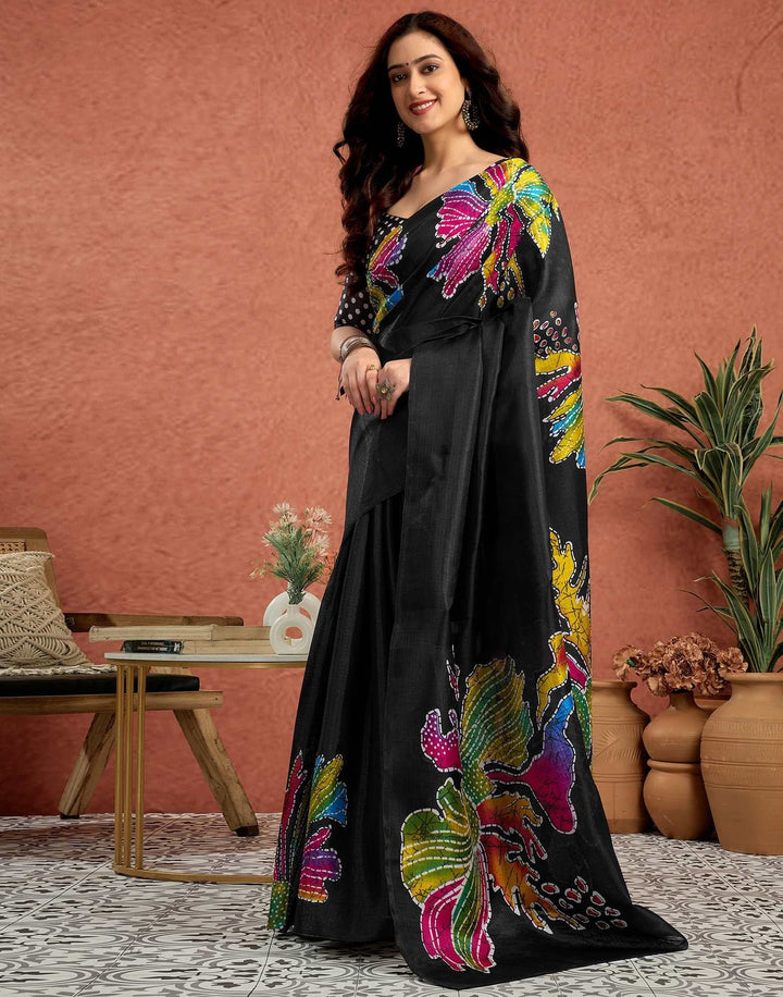 Party Wear Black Color Soft Silk Printed Saree
