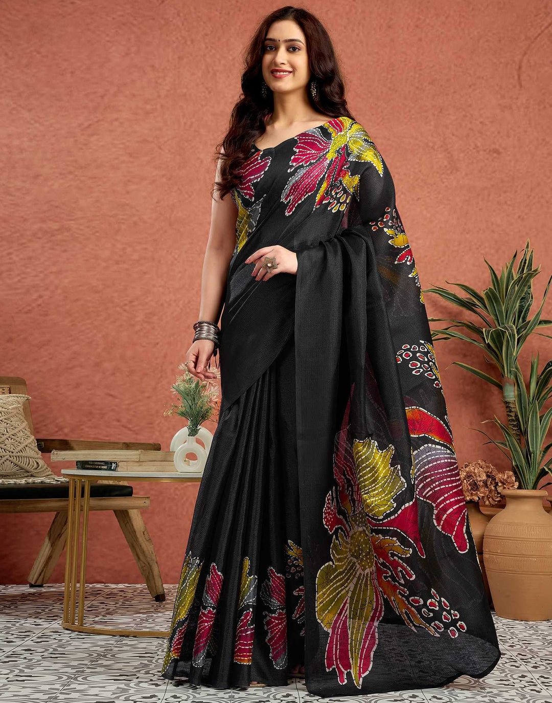 Party Wear Black Color Soft Silk Printed Saree