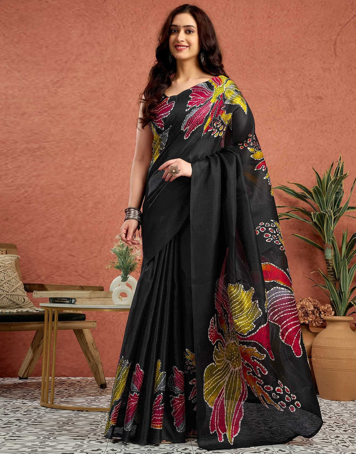 Party Wear Black Color Soft Silk Printed Saree