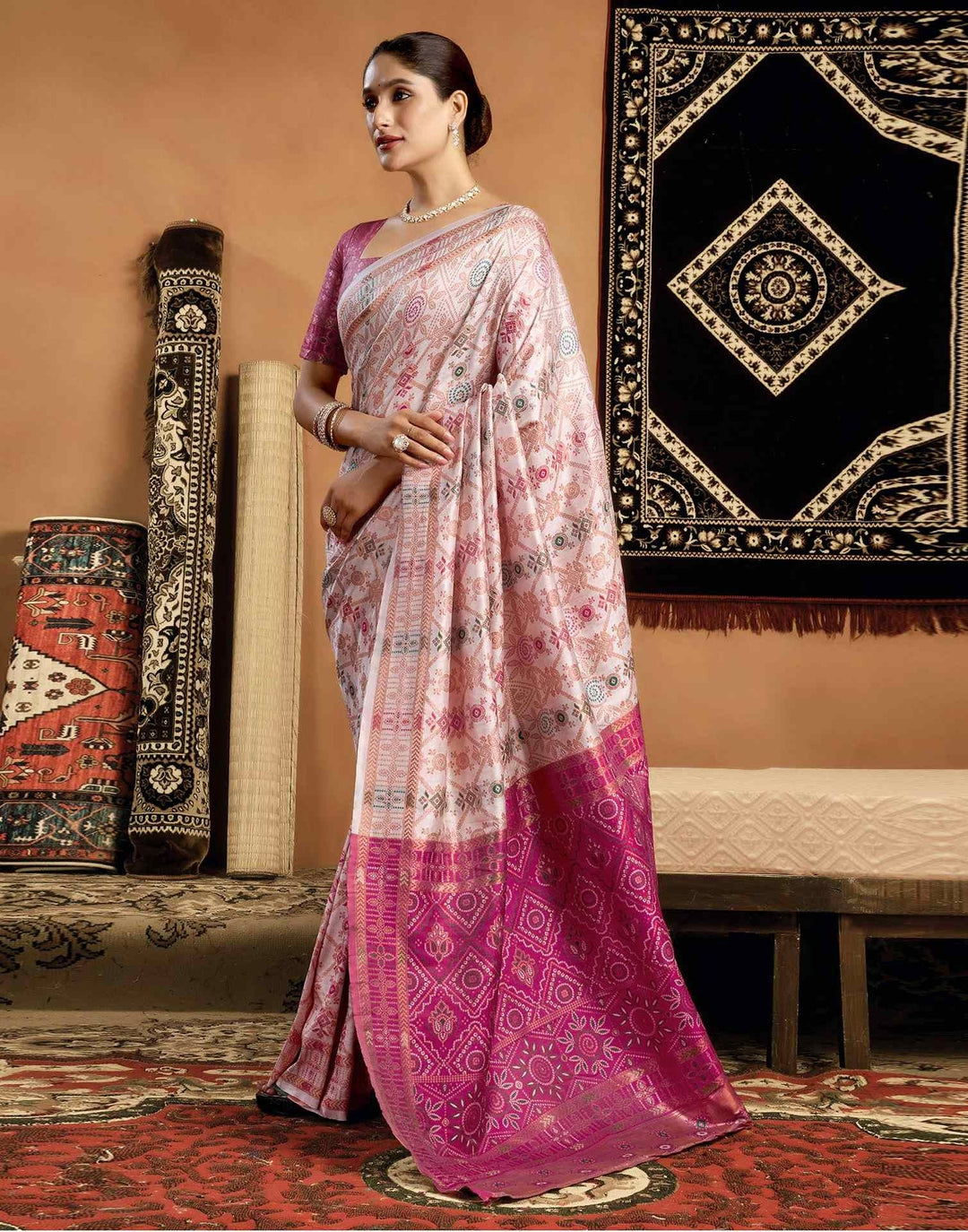 Party Wear Cream Color Soft Silk Woven Saree