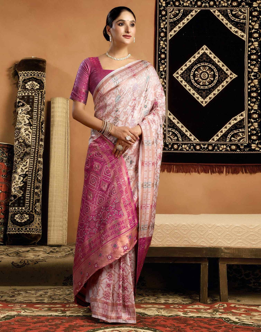 Party Wear Cream Color Soft Silk Woven Saree