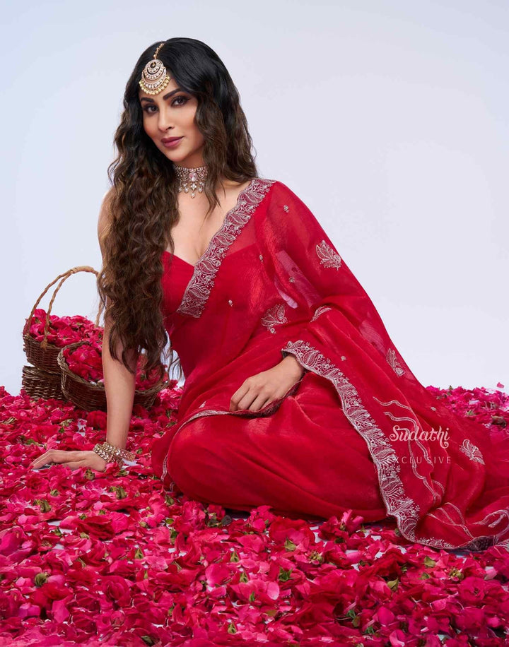 Party Wear Crimson Rose Color Soft Silk Saree
