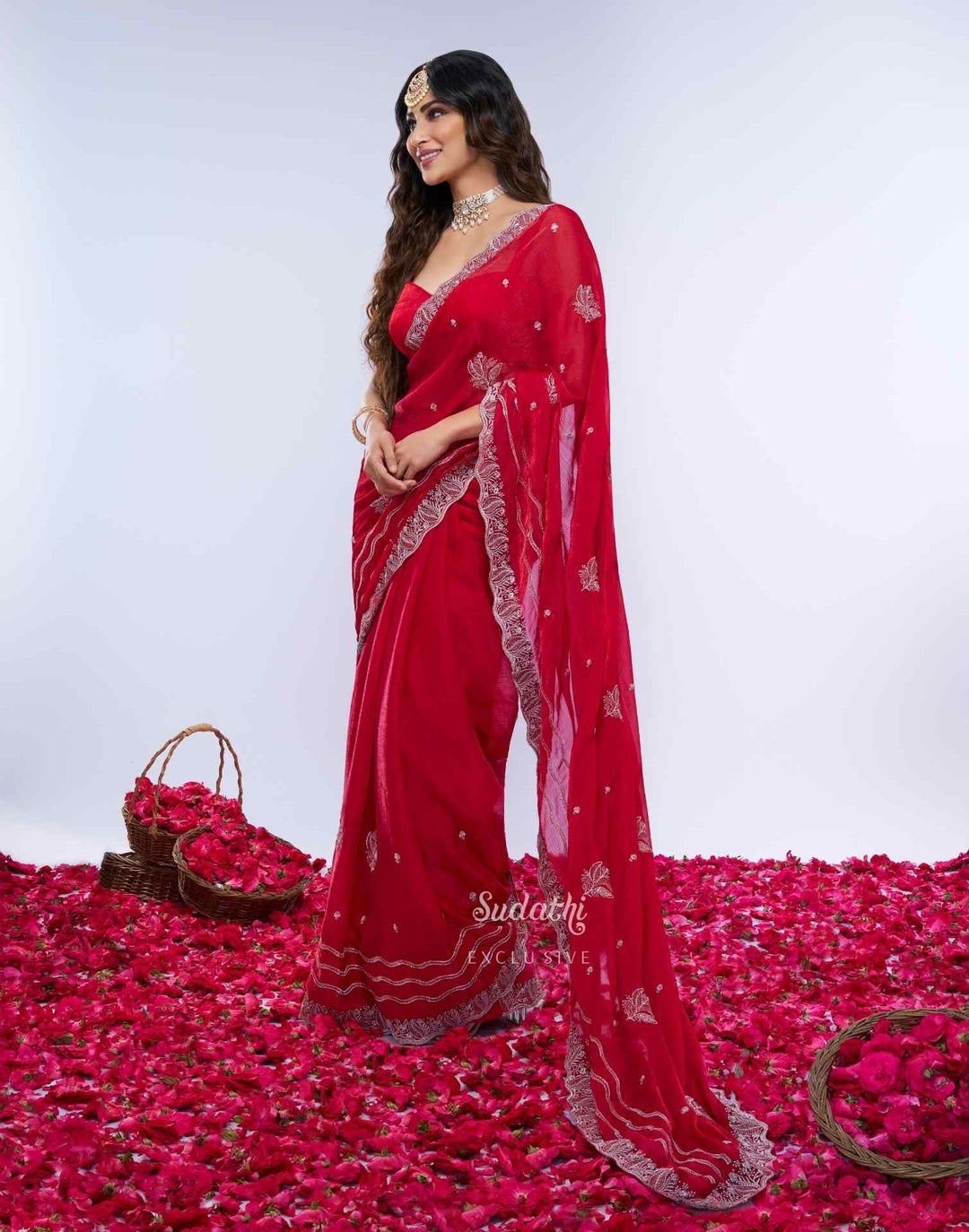 Party Wear Crimson Rose Color Soft Silk Saree