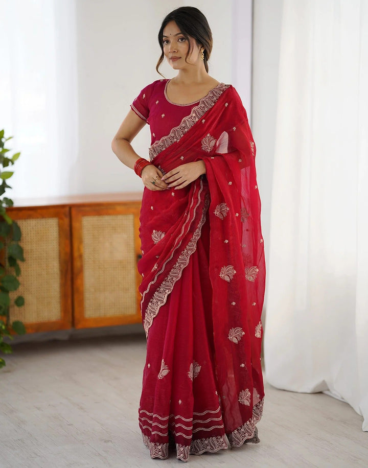 Party Wear Crimson Rose Color Soft Silk Saree
