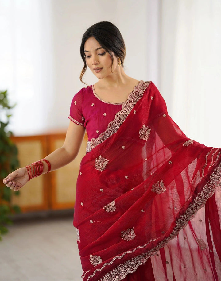 Party Wear Crimson Rose Color Soft Silk Saree