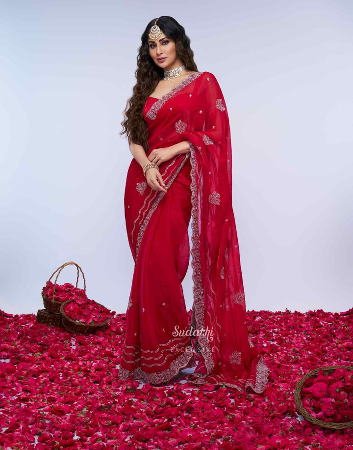 Party Wear Crimson Rose Color Soft Silk Saree