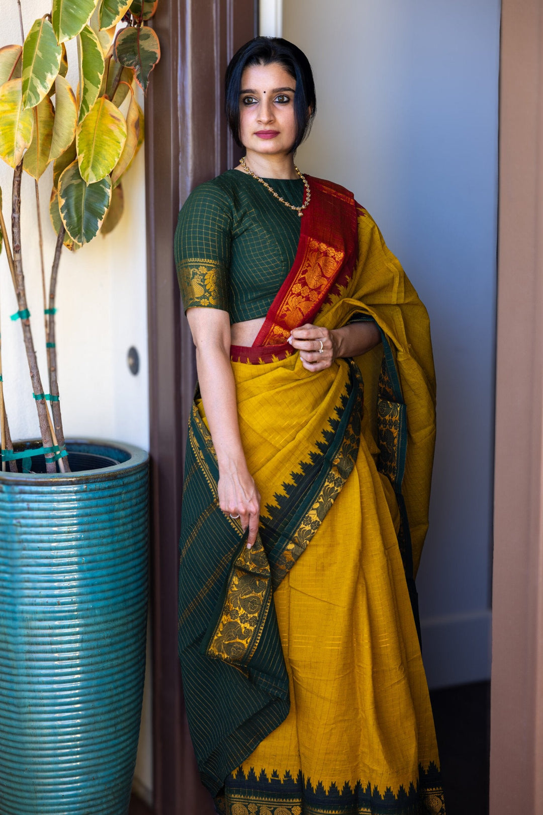 Party Wear Dark Green And Mustard Color Cotton Silk Saree