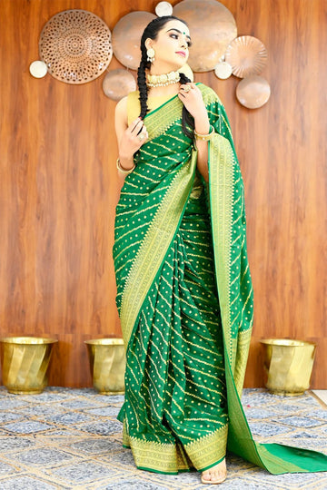 Party Wear Green Color Banarasi Silk Saree with Golden Zari Border
