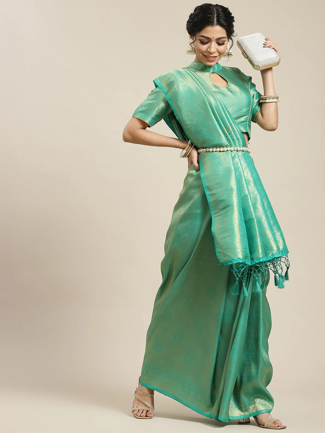 Party Wear Green and Gold Color Soft Silk Saree