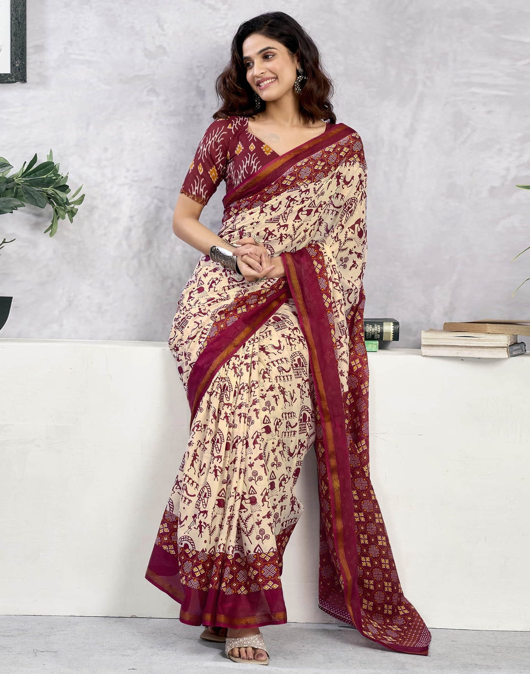 Party Wear Light Beige Color Cotton Printed Saree