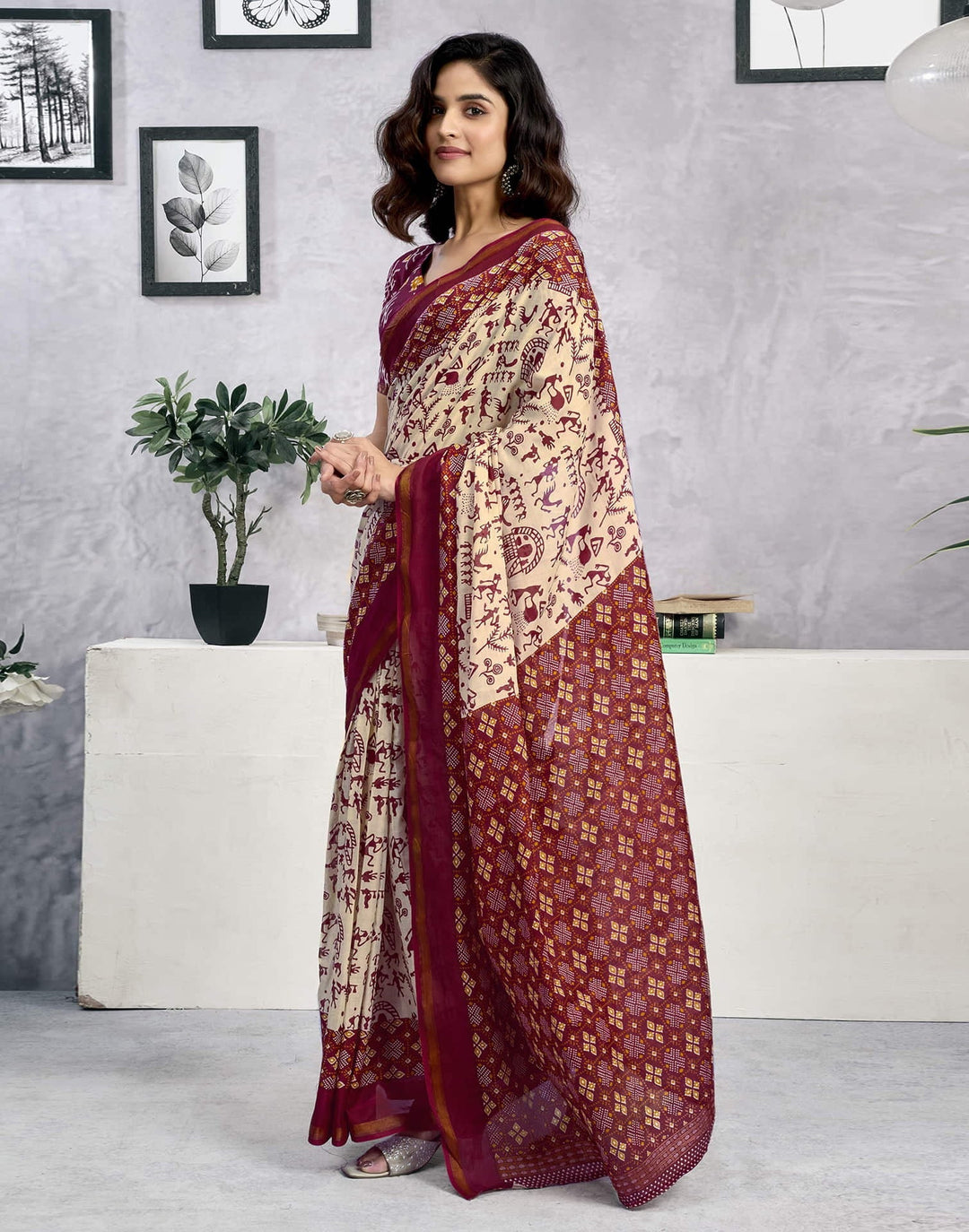 Party Wear Light Beige Color Cotton Printed Saree