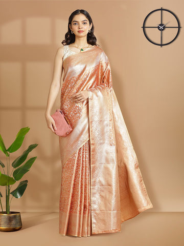 Party Wear Metalic Rust Color With Golden Tissue Silk Saree