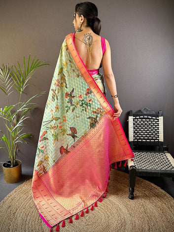 Party Wear Mint Green Color Banarasi Soft Silk Saree
