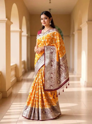 Party Wear Mustard Birds Color Banarasi Silk Saree