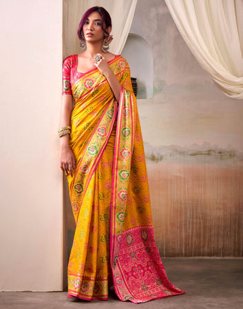 Party Wear Mustard Yellow Color Patola Silk Saree
