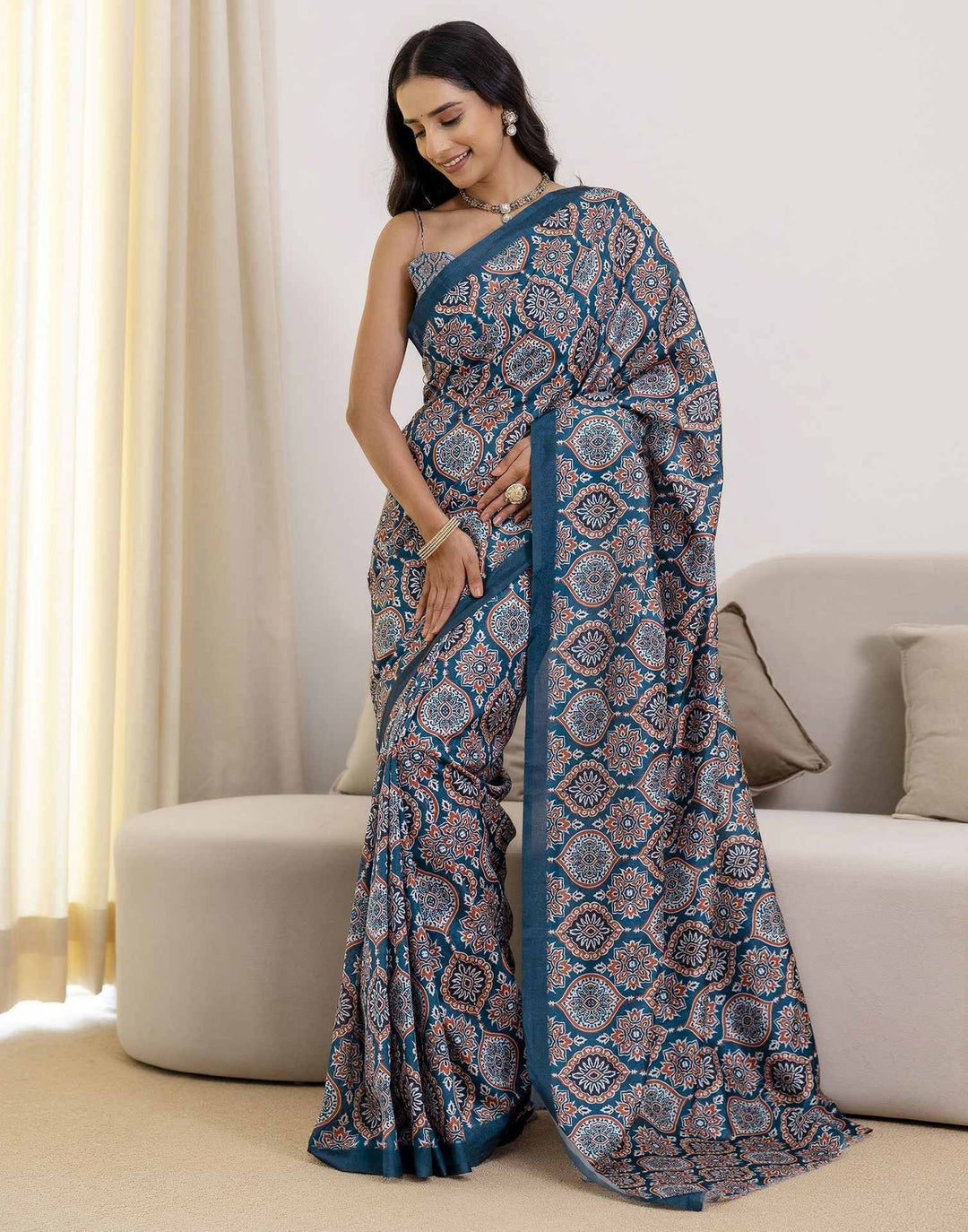Party Wear Navy Blue Color Banarasi Silk Printed Saree