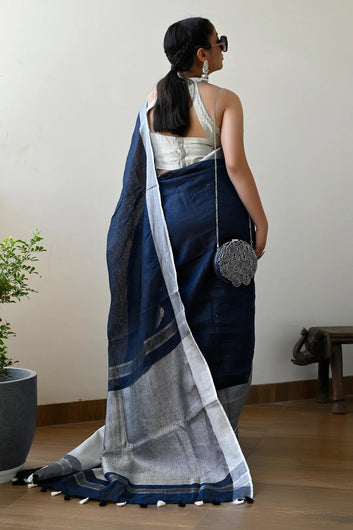 Party Wear Navy Blue Color Linen Handloom Saree with Silver Border