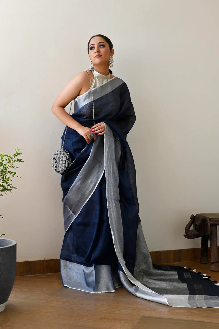 Party Wear Navy Blue Color Linen Handloom Saree with Silver Border