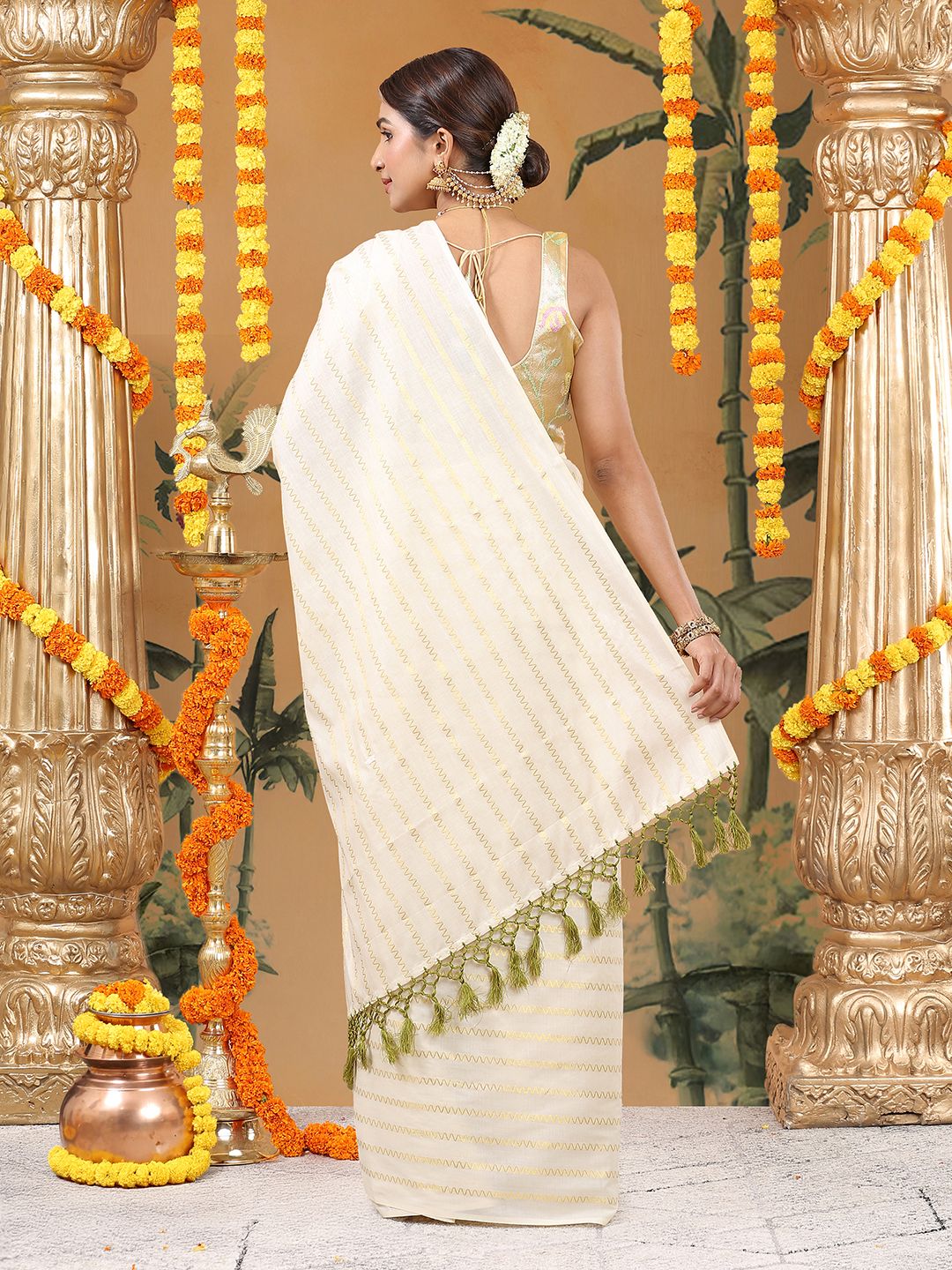 Party Wear Off White Color Cotton Soft Silk Saree