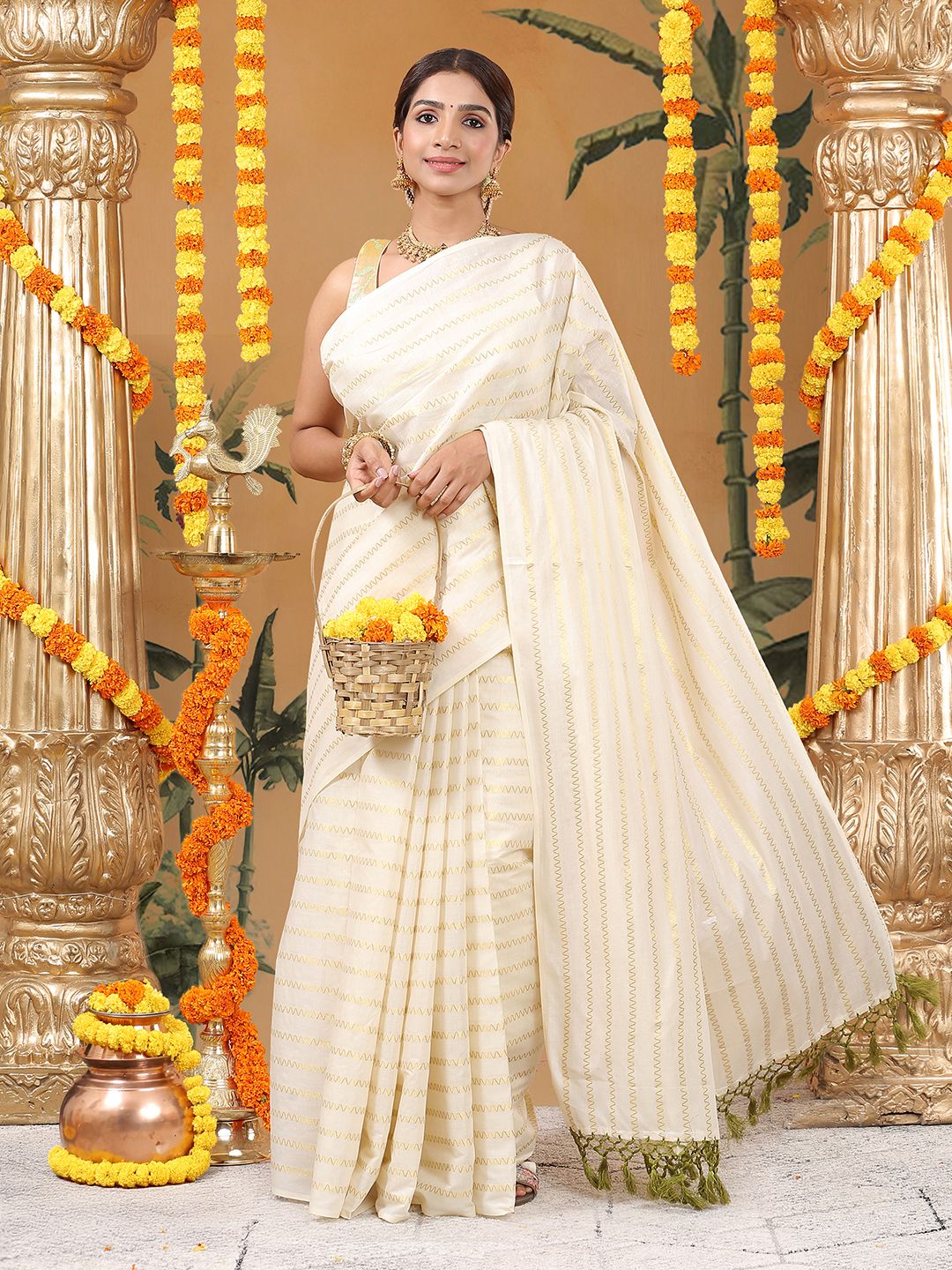 Party Wear Off White Color Cotton Soft Silk Saree
