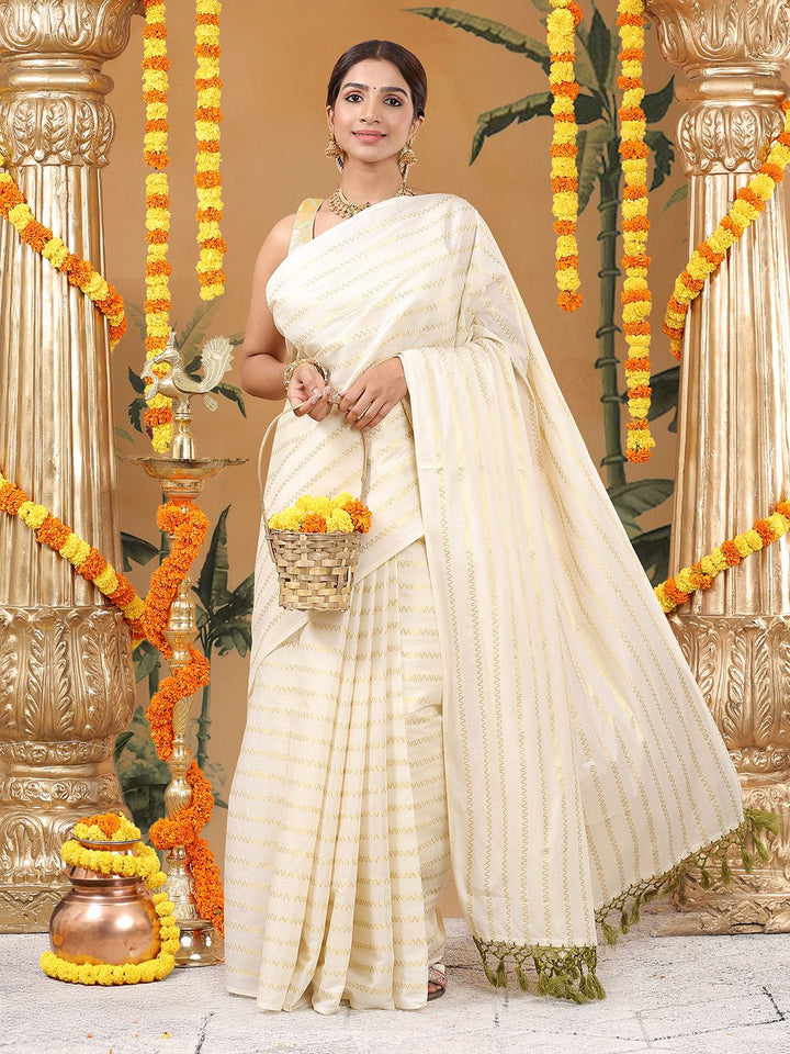 Party Wear Off White Color Cotton Soft Silk Saree