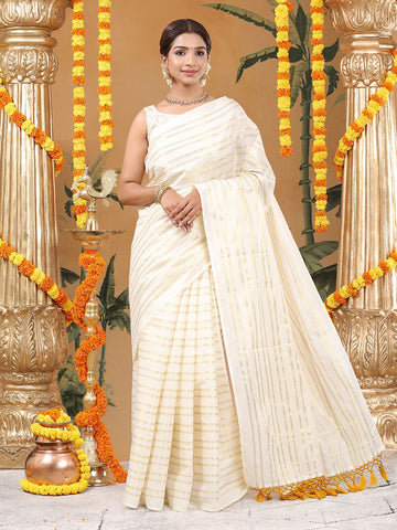 Party Wear Off White Color Cotton Soft Silk Saree