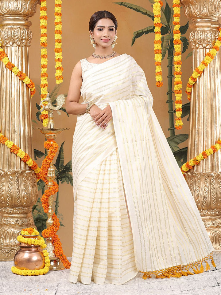 Party Wear Off White Color Cotton Soft Silk Saree