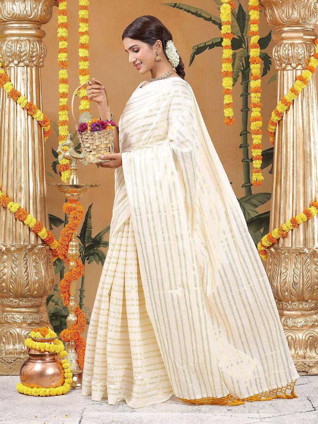Party Wear Off White Color Cotton Soft Silk Saree