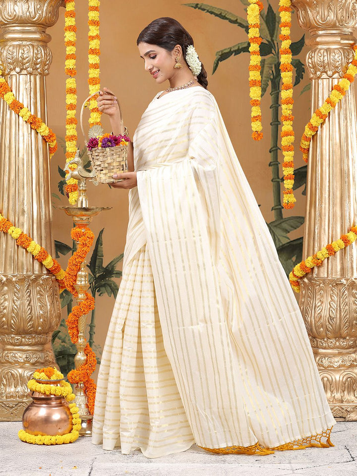 Party Wear Off White Color Cotton Soft Silk Saree
