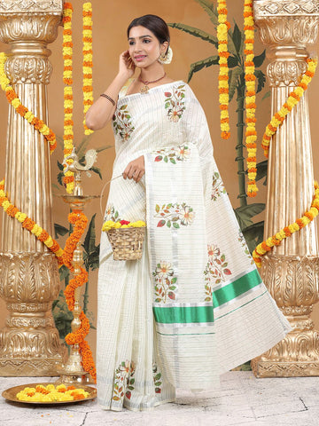 Party Wear Off-White Color Cotton Soft Silk Saree