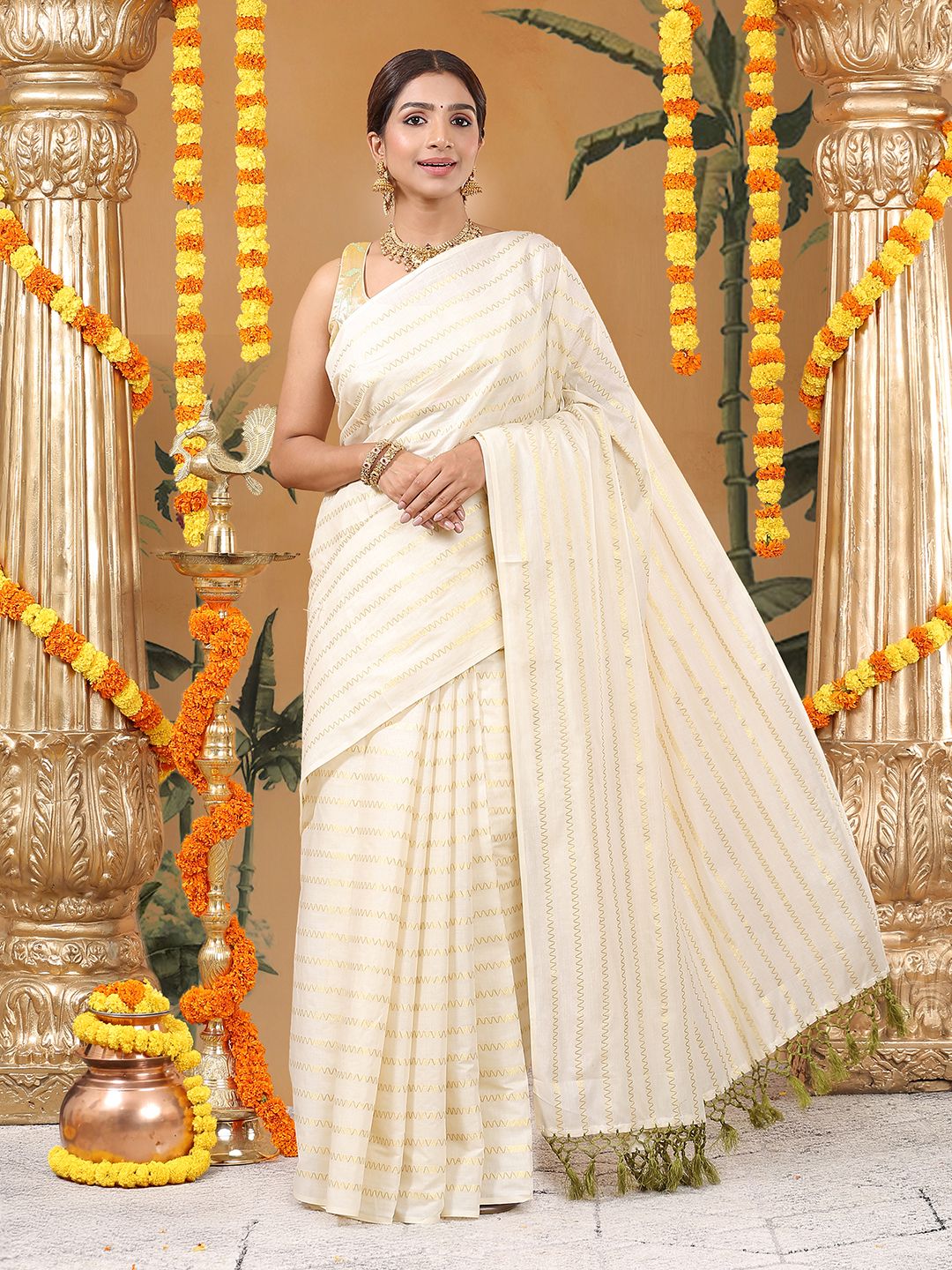 Party Wear Off White Color Cotton Soft Silk Saree