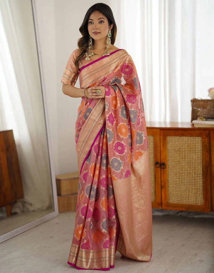 Party Wear Pink Color Banarasi Silk Woven Saree