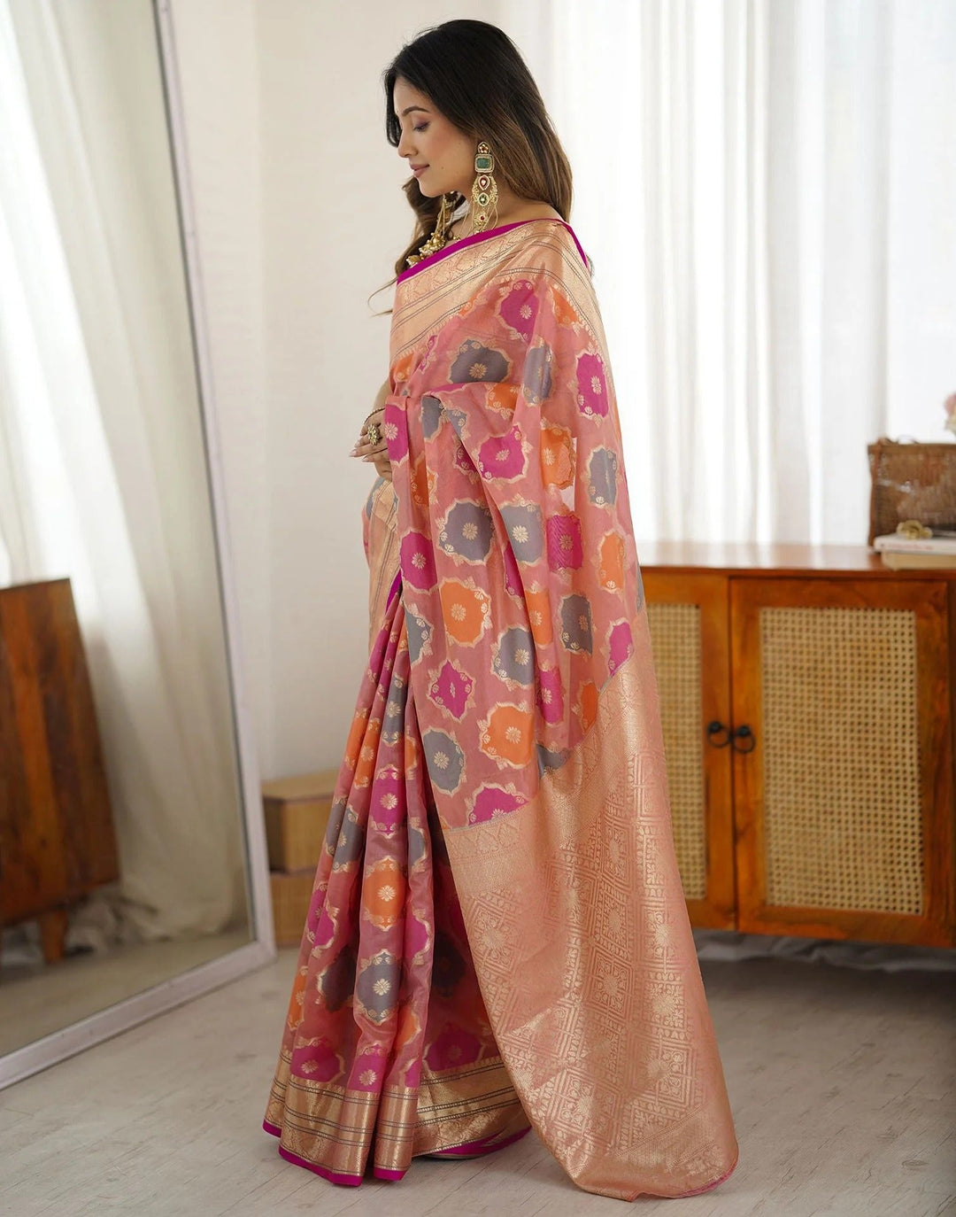 Party Wear Pink Color Banarasi Silk Woven Saree