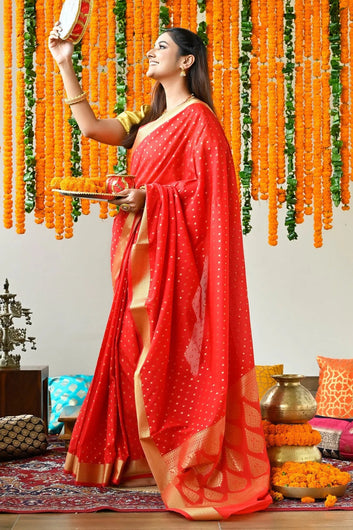 Party Wear Red Color Banarasi Saree with Zari Booties and Heavy Pallu