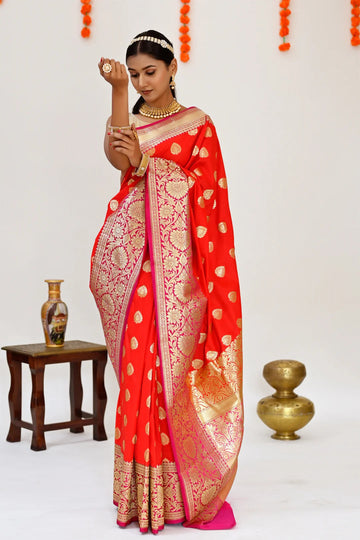 Party Wear Red with Hot Pink Color Banarasi Saree