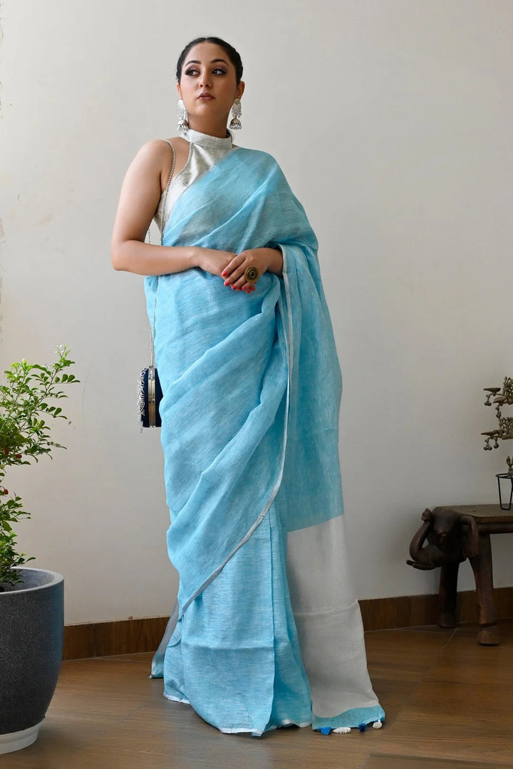 Party Wear Sky Blue Color Linen Handloom Saree with White Pallu