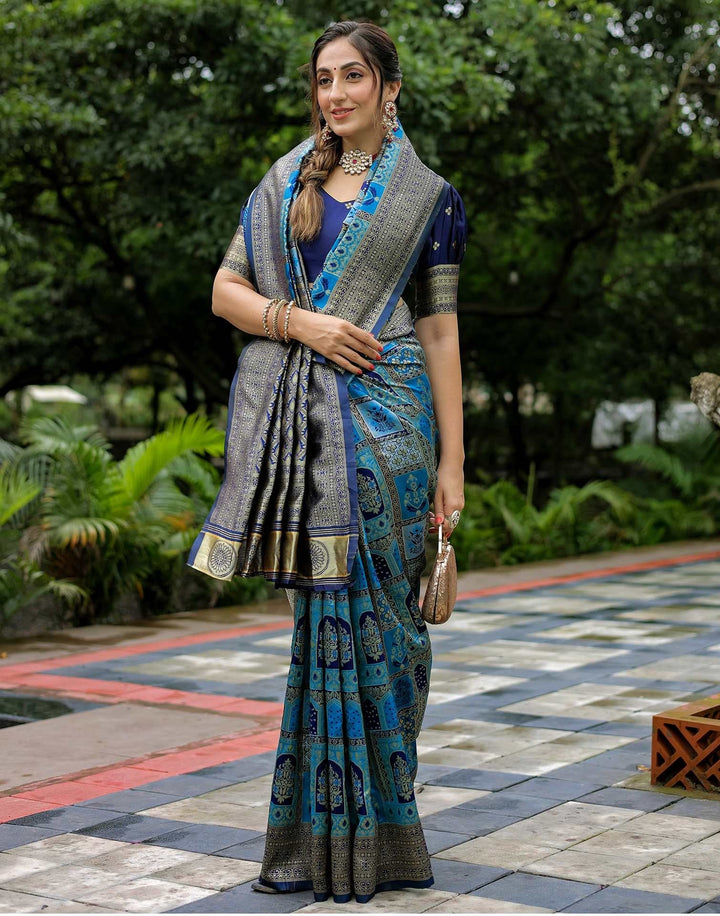 Party Wear Teal Blue Color Banarasi Silk Woven Saree