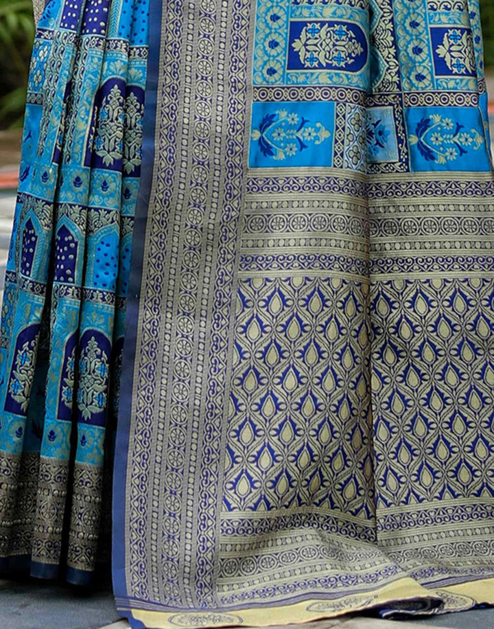 Party Wear Teal Blue Color Banarasi Silk Woven Saree