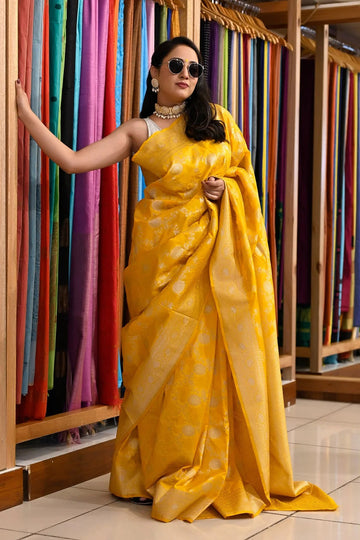 Party Wear Yellow Color Banarasi Silk Saree With Meena Work