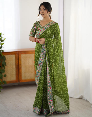 Party wear Green Color Georgette Printed Bandhani Saree