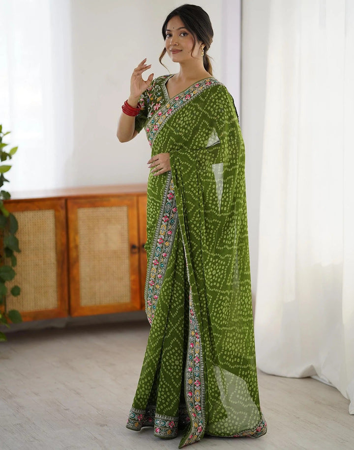 Party wear Green Color Georgette Printed Bandhani Saree
