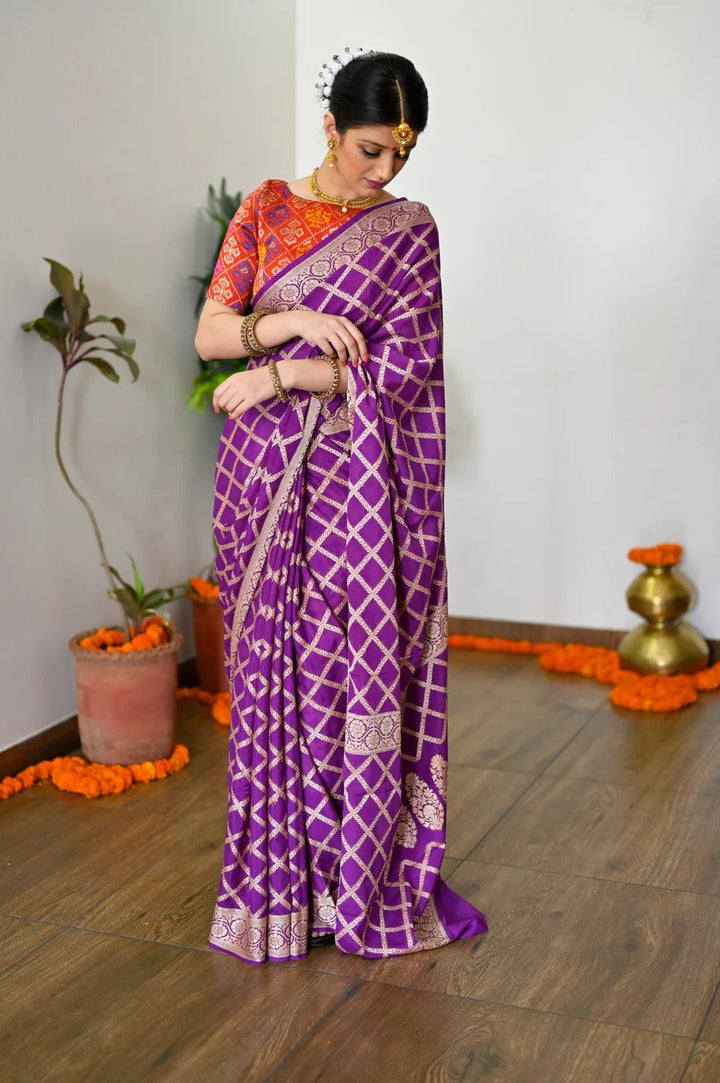 Reception Wear Purple Color Banarasi Saree with Rich Zari